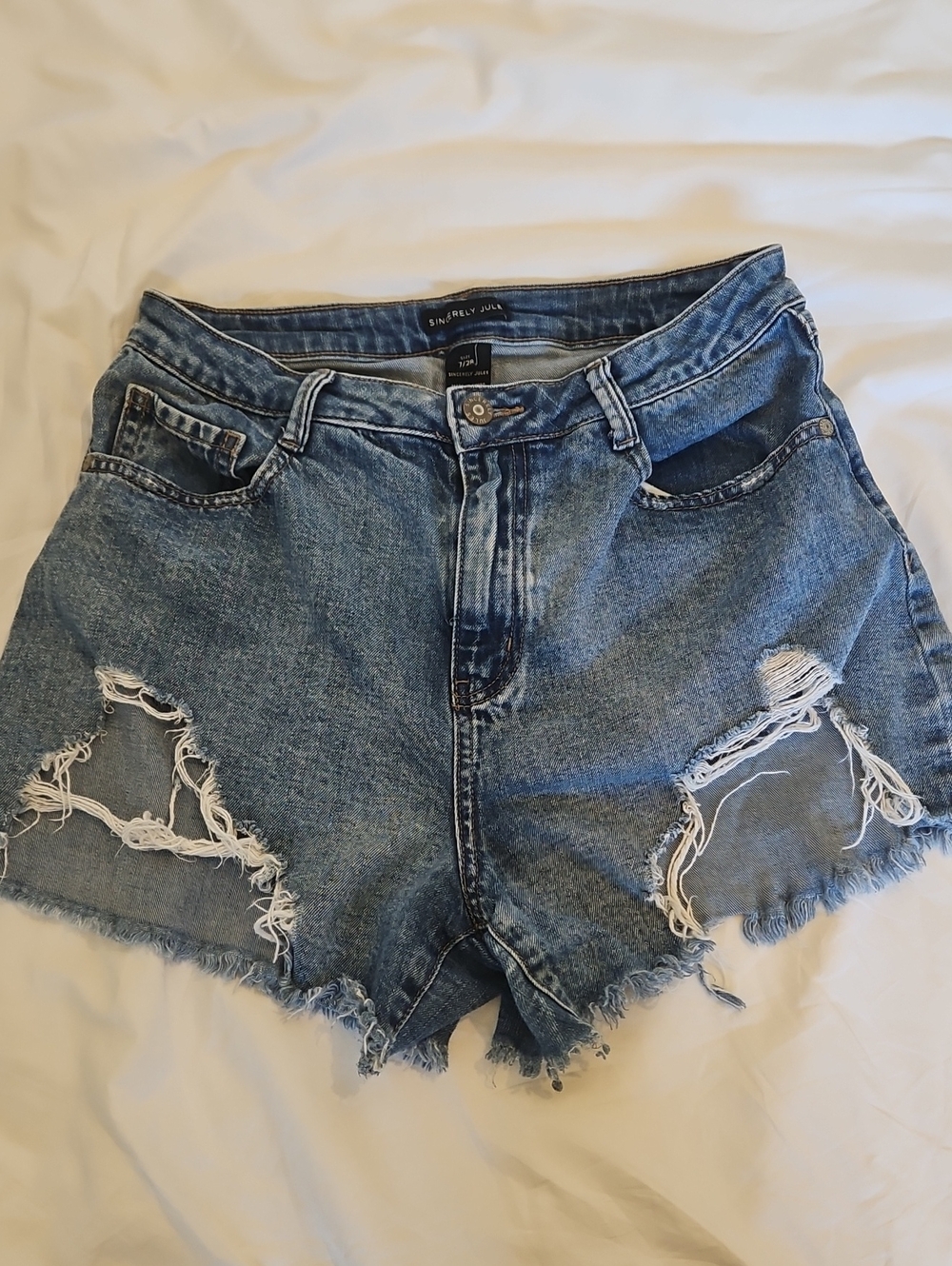 Sincerely Jules Distressed Medium Blue Denim Cutoff Shorts